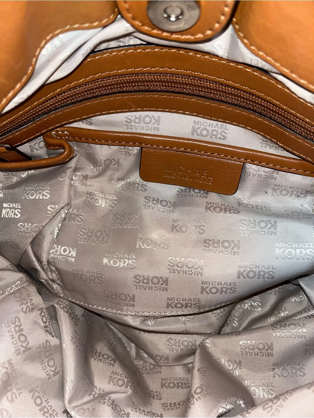 Michael Kors Cognac Leather Shoulder Bag with MK Logo Charm